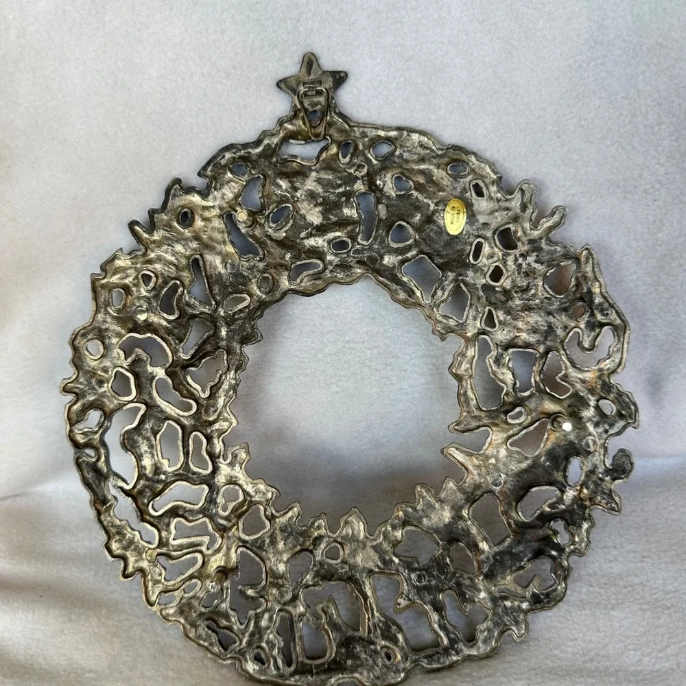 Vintage Silver Metal Christmas Wreath Wall Hanging Ornate Angel Bell Star Trivet